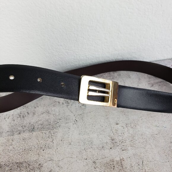 Vintage Spain Art Deco Leather Belt Black Gold Buckle Classic Elegant Minimalist - Picture 8 of 9